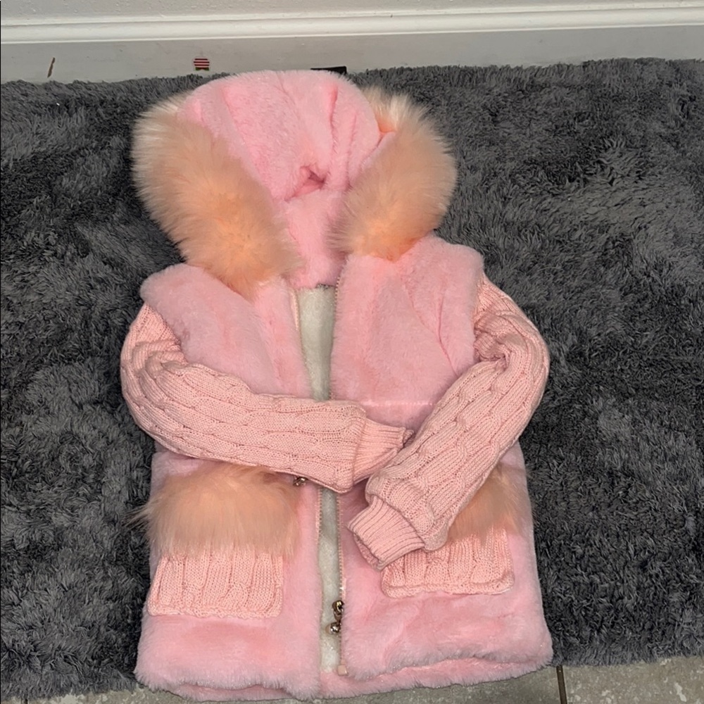 Pink Faux Fur Hooded Vest with Knit Sleeves
